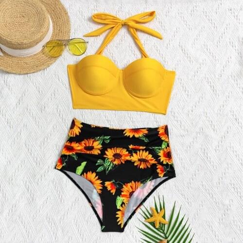 Women Fashion Sunflower Dot Halter Padded Push Up Bikini Set High Waist Two Piece Set Swimsuit Bathing Suit Swimwear Beach Wear
