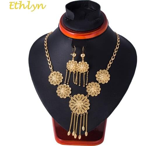 Ethlyn Vintage Somalia/Ethiopian/ Nigerian Gold Color Jewelry Necklace & Earrings Accessories Party Sets S084