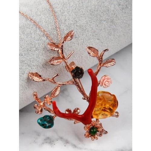 Coral - Amber - Turquoise - Jade - Mother-of-Pearl Natural Stone 925 Sterling Silver Necklace with Special Workmanship