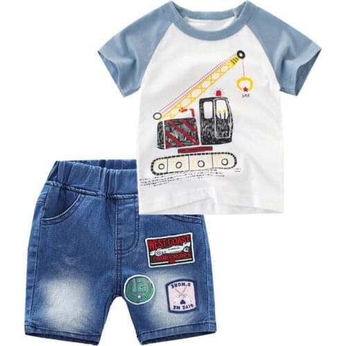 Summer Baby Boys Cartoon Car Short Sleeve T-shirt Tops + Denim Jeans Shorts Kids Casual 2Pcs Suits Infant Clothing Sets