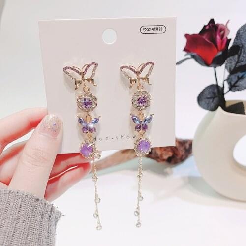 MWSONYA Korea 2020 New Bling Full Rhinestone Hollow Butterfly Earrings for Girls Long Tassel Temperament Drop Pendientes