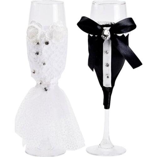 Wedding Wine Champagne Glasses Cup Set Bride And Groom Black White Dress Decorative Cup For Wedding Valentines Day Sensible
