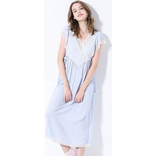 Summer Womens Viscose Short Sleeve Long Nightgowns Vintage Princess White Lace Sweet Sleepwear Loose Comfortable Night Dress