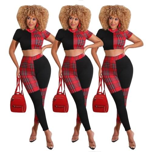 2021 Summer New Style Sexy Popular Commuter Fashion Plaid Printed Short-Sleeved Trousers Two-Piece Suit