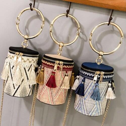 Women Bags Luxury Handbags women bags designer Straw Bags Round Tote Hand Metal Ring Tassel Chain Travel Women Shoulder Bag