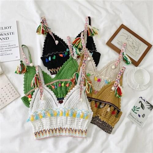 Bohemian Flower Embroidery Tassel Sexy Knitted Crop Top Women Hollow out Elastic Camisoles Streetwear Tube Female Tops Vacation