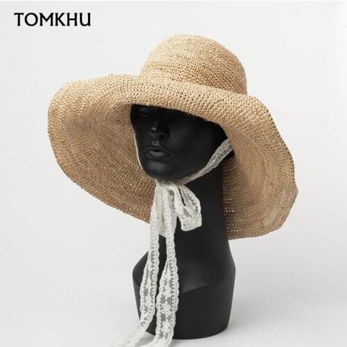Summer New Handmade Nature Raffia White Lace Long Ribbon Causal Beach Lady Bucket Cap Women Holiday Beach Hat Bonnet Enfant