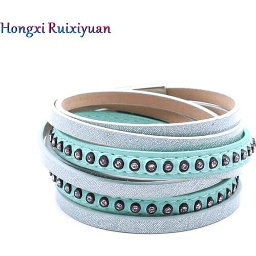 Leather Bracelet Bohemian Ladies Multilayer Leather Charm Bracelet Fashion Retro Leather Crystal Magnetic Clasp Bracelet Jewelry