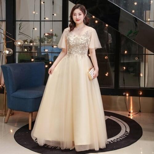 Evening Dresses Champagne A-line Ruched Short Sleeves Appliques Lace Women Party Dress Floor-length Plus Size Formal Gowns D399
