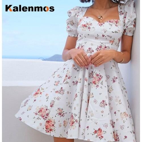 Mini Dress Women Print Floral Square Collar Casual Short Sleeve Slim High Waist Korean Sweet Summer Party Streetwear Vestidos