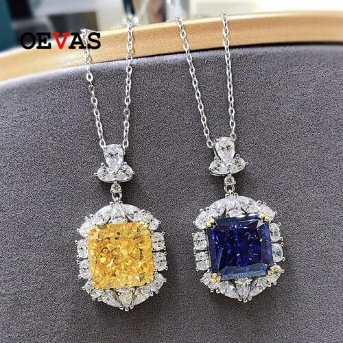 OEVAS 100% 925 Sterling Silver 13*13mm Sapphire Full High Carbon Diamond Pendant Necklace For Women Sparkling Fine Jewelry Gift