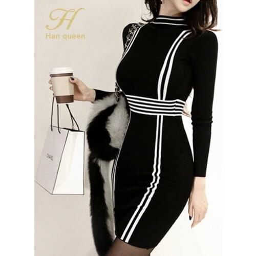 H Han Queen Simple Color Matching Womens Dress Autumn Winter Sheath Pencil Dresses Elegant Slim Bodycon Knitted Vestidos 2020