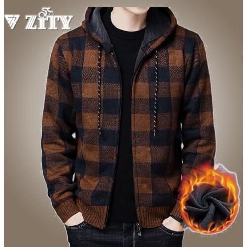 ZITY Mens Sweater Coat Autumn Winter Thick Warm Hooded Plaid Sweater Cardigan Jumpers Zipper Fleece Coat Men Clothing