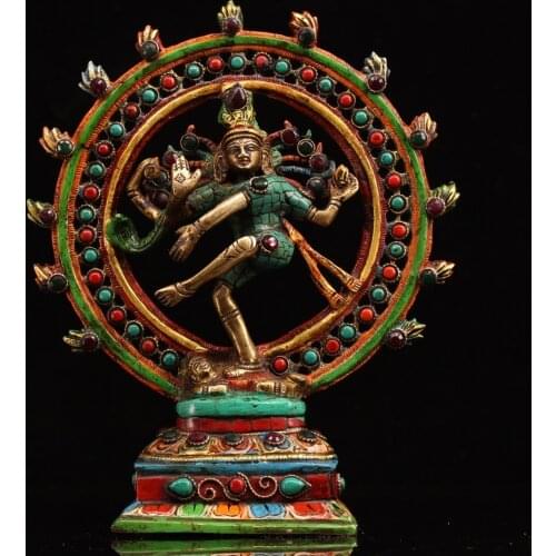 10"Tibet Buddhism Old Bronze Gem Painted outline in gold Lord Shiva Four arms Free Tara Backlit buddha Enshrine the Buddha