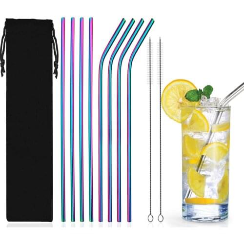 304 Stainless Steel Straws Reusable Metal Drinking Straw Straight Bent Straws Set with Cleaner Brush Home Bar Party Accessory