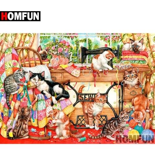 HOMFUN Full Square/Round Drill 5D DIY Diamond Painting "Cat sewing machine" Embroidery Cross Stitch 3D Home Decor Gift A12218