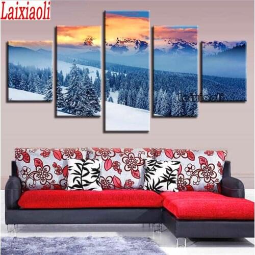 Diamond Painting Winter Diamond Embroidery Snow forest tree Scenery Needlework Full Square round Mosaic Cross Stitch 5 pcs Decor
