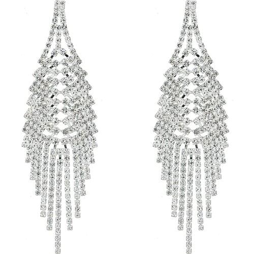 Chran Silver Plated Rhinestone Long Tassels Wedding Earrings Fashion Chandelier Dangle Earrings Jewelry Accessories