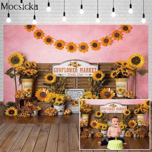 Spring Sunflower Market Backdrops Pink Wall Brown Wooden Floor Decor Prop Photography Background Child Birthday Cake Smash Photo
