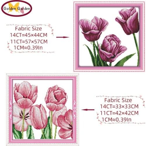 GG Purple Tulip Flower Joy Sunday Cross Stitch Wedding Needlepoint Craft 14ct Stamped Cross Stitch Patterns for Home Decoration