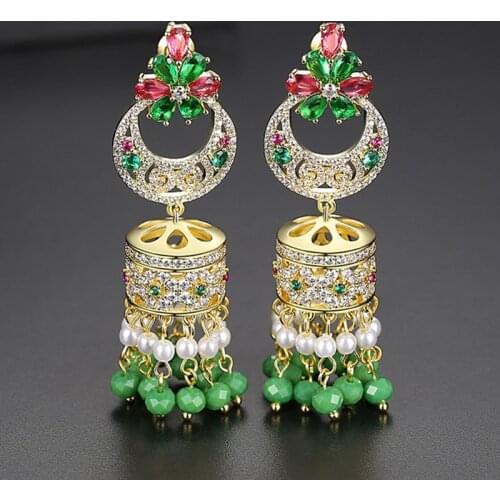 Indian Jhumka Dubai Bridal Jewelry Crystal Beads Tassel Bells Drop Dangle Earrings Retro Women Ethnic Gypsy Statement Jhumki New