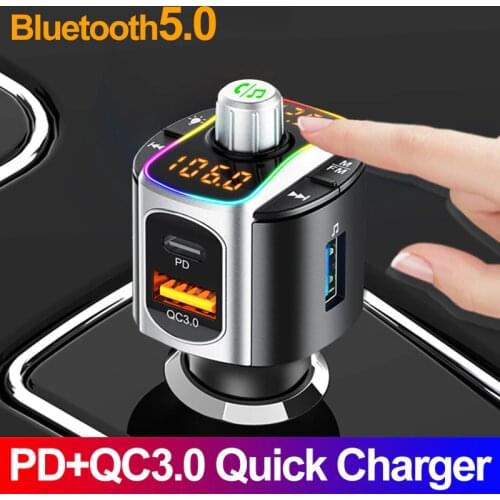 JINSERTA QC3.0 PD Fast Charger Bluetooth 5.0 FM Transmitter with Ambient Light TF Flash Card U Disk Car Mp3 Player