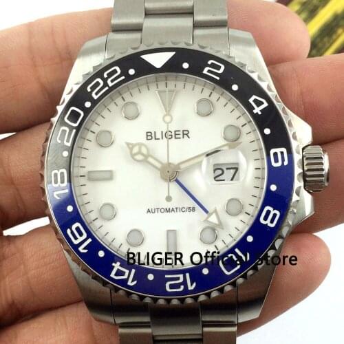 Classic BLIGER 40MM White Dial Blue Black Ceramic Bezel GMT Function Sapphire Crystal Automatic Movement Mens Watch B331