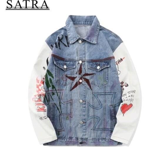 SATRA 2021 New Arrival Hip Hop Graffiti Print Jeans Jacket Streetwear Men, Mens Fashion Trend Punk Loose Denim Jacket coat
