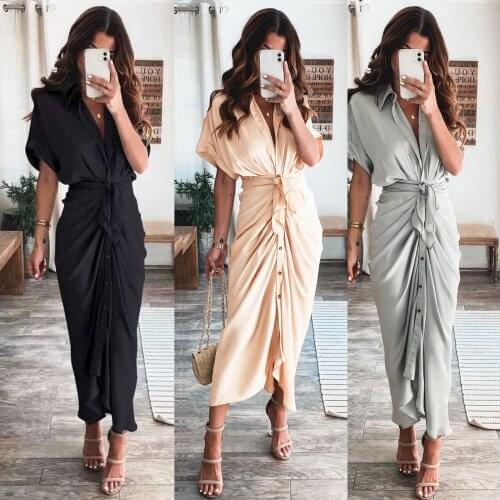 Fashion Silk Draped Women Long Dress Summer Sexy High Waist Party Prom Wrinkle Dress Casual Row of Buttons Belt Vestidos