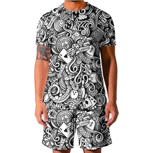 2021 New 3D Black White Poker Pattern Mens Round Neck T-shirt Suit Fashion Mens And Womens T-shirt + Shorts Sportswear 5XL