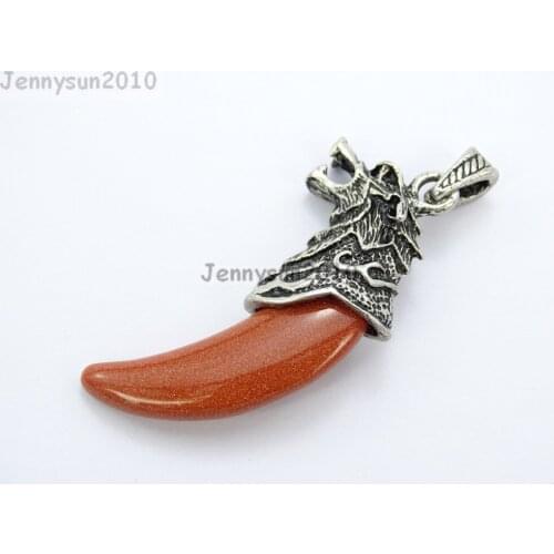 Natural Gold Sand Gems stones Claw Paw Tibetan Silver Carved Wolf Head Pendant Charm Beads Jewelry Design 10Pcs/Pack