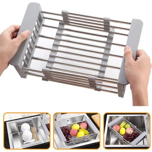 Adjustable Sink Dish Drying Rack Kitchen Organizer Stainless Steel Sink Drain Basket Vegetable Fruit Holder Storage Rack