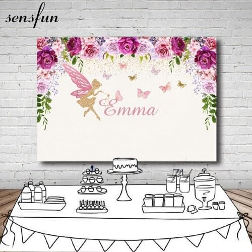 Sensfun Pink Purple Flowers Photography Backdrop Custom Text Fairy Butterfly Girls Birthday Party Backgrounds Photo Both Vinyl