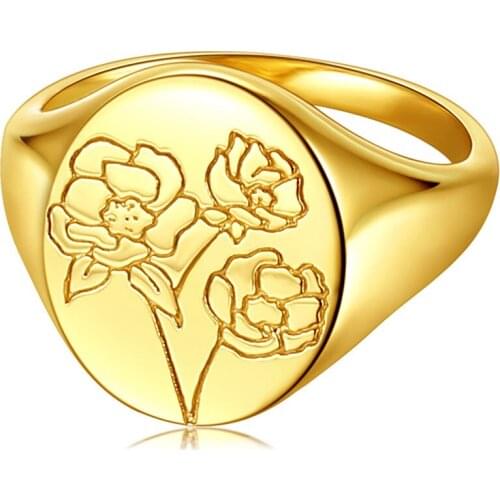 Valily Handmade Flower Signet Ring Stainless steel Birth Ring Delicate Personalized Statement Jewelry for Women Girls