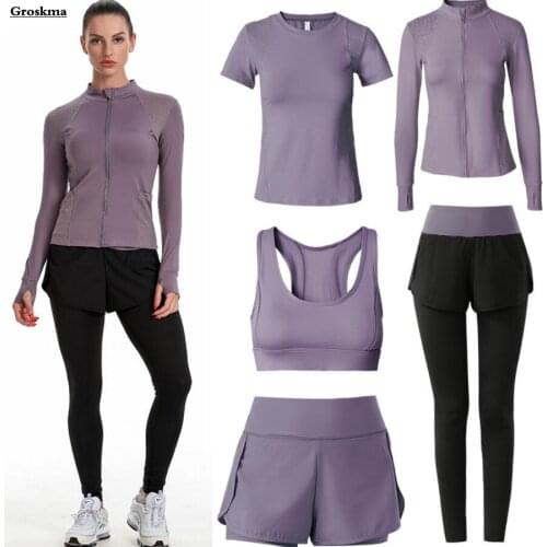 Outdoor Women Sports Running 5 Piece Set Mesh Coats+T Shirt+Bra+Shorts+Pants Yoga Fitness Gym Suits Breathable Clothing Exercise