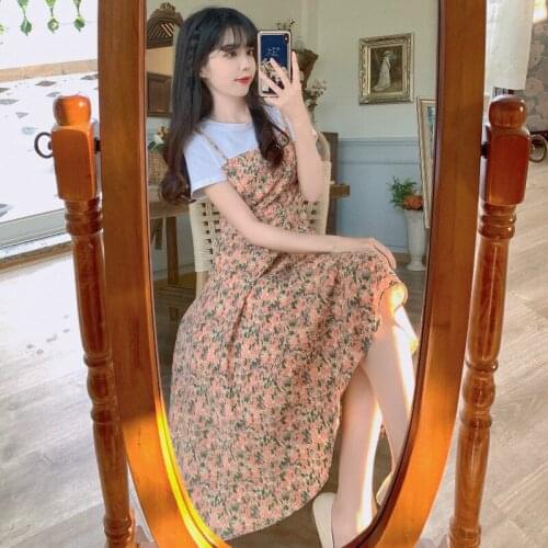 Womens Sleeveless Dress Fake Two-piece Floral Knee-length Female Elegant and Simple Korean Fashion A-line Retro Dress