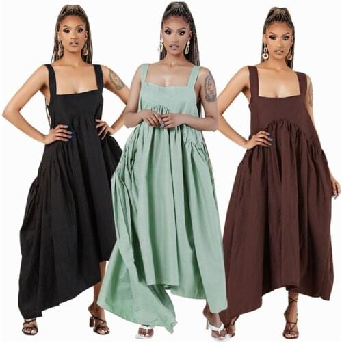 2021 Summer New Women Strap Dress Sleeveless Loose Robes Female Sexy Backless Hollow Out Black Pleated Lrregular Long Dress