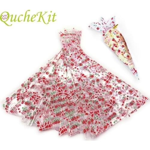 50pcs Cherry Bow-Knot Clear Cone-Shaped Treat Popcorn Bags Snack Packaging Bags Christmas Cellophane Candy Bags with Twist Ties