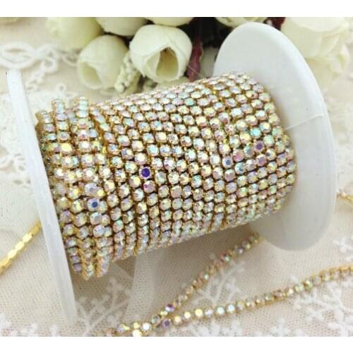 Free shipment,ss16 4mm AB color close rhinestone strass cupchain,10yards/lot,diy wedding dress rhinestones trim,crystal applique