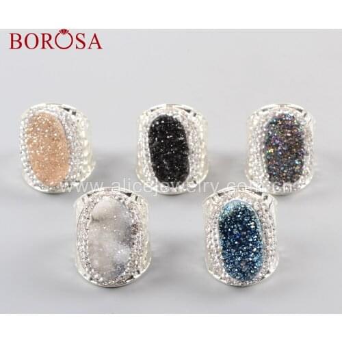 BOROSA Jewelry Rainbow Titanium Druzy Agates Silver Plated Band Rings Crystal Paved White Zircons Natural Crystal Ring JAB951