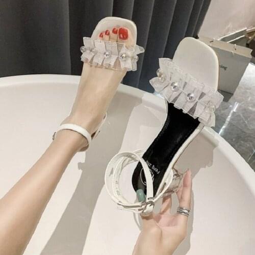 Crystal Heel Pure Color Ruffled Pearl Casual Temperament Elegant Ladies Sandals Summer Fashion Open Toe High Heels