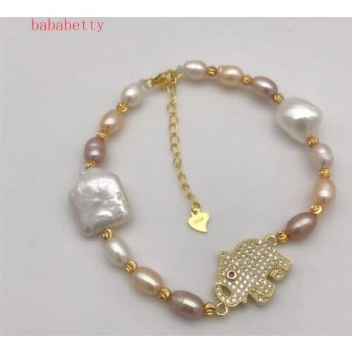 New natural freshwater irregular Rice shape 5-6MM multicolor Bracelet inlay elephant 7 inches 925 sterling silver clasp+4cm