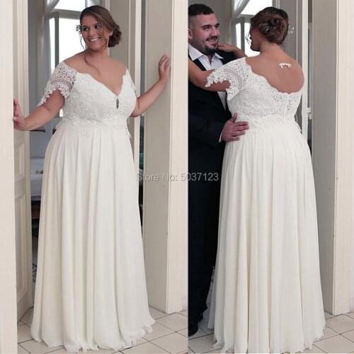 Unique Chiffon Jewel Neckline A-line Wedding Dresses With Beaded Lace Appliques Short Sleeves Plus Size Bridal Gown Robe de Long