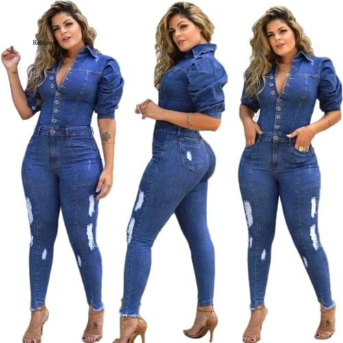Denim Puff Sleeve Jumpsuit Women Jeans Bodycon Overalls Casual Rompers Turn Down Collar Skinny Jumpsuit Vestidos Spring