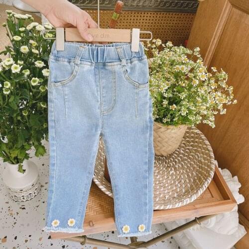 Baby Girls Sweet Flower Jeans 2020 New Autumn Childrens Elastic Waist Denim Pants Girls Fashion Trousers Kids
