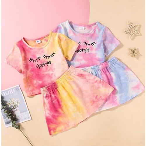 Toddler Kids Child Girls Tie-Dyed Colorful Short Sleeve Tops Tee Skirts Pants Girl Fashion Summer Clothes Sets 2pcs 2-7 Years