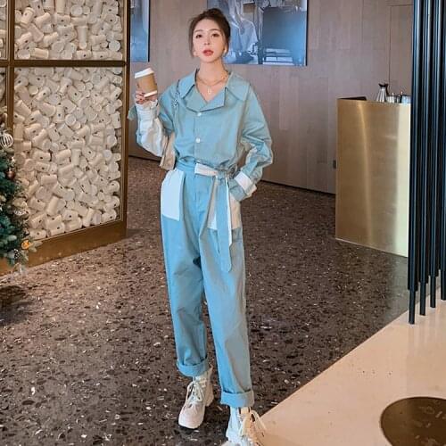 Women Jumpsuit Fashion Splice Long Sleeve Loose Bandage One Piece Cargo Pants Sets Female Elegant Korean Overalls Romper 2021