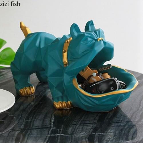 Creative Resin Red Blue Bulldog Sculpture Cute Animal Fruit Storage Box Large Capacity Jewelry Sundries Storage Home Decoration