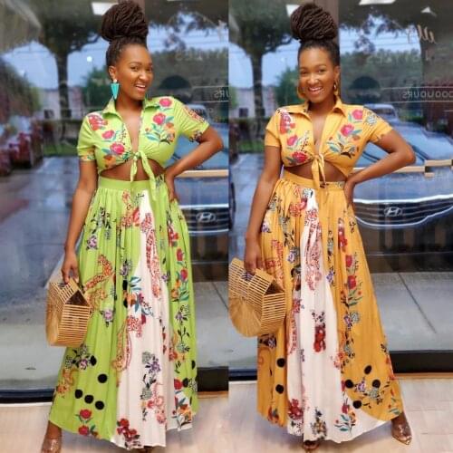 Summer African Women Two Piece Set Fashion Printed Short Sleeve Crop Top And Midi Skirt Matching Outfits Female Casual 2 Piece