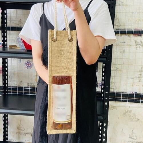 AT69 -6Pack Burlap Wine Bags Wine Gift Bags with Ropes, 4X15in Single Reusable Wine Bottle Packaging Bags